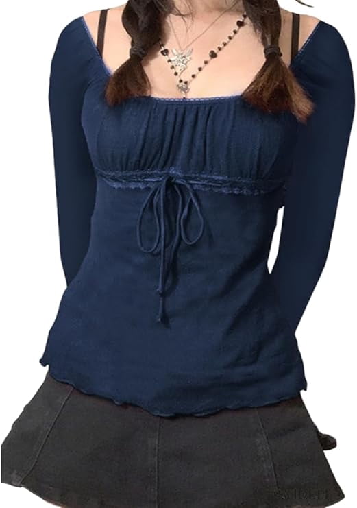 EMMIOL Women's Y2K Off-Shoulder Square Neck Long Sleeve Top with Front Tie, Trendy Slim Fit Spring/Fall Blouse