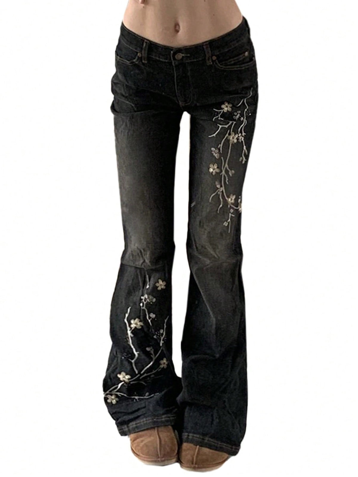 EMMIOL Women's Mid-Rise Stretchy Flare Bell Bottom Jeans Vintage 90s Y2K Floral Embroidery Denim Pants