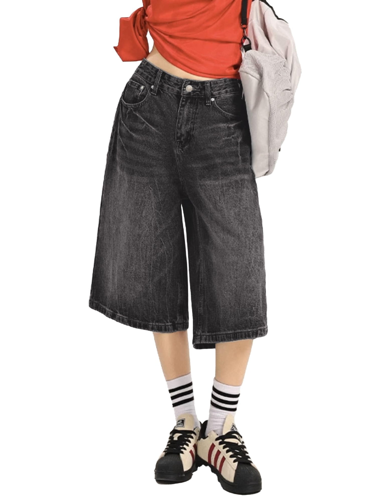 EMMIOL Women's Jean Shorts Y2K Mid Waist Baggy Wide Leg Denim Shorts,Distressed Jorts for Fall Streetwear