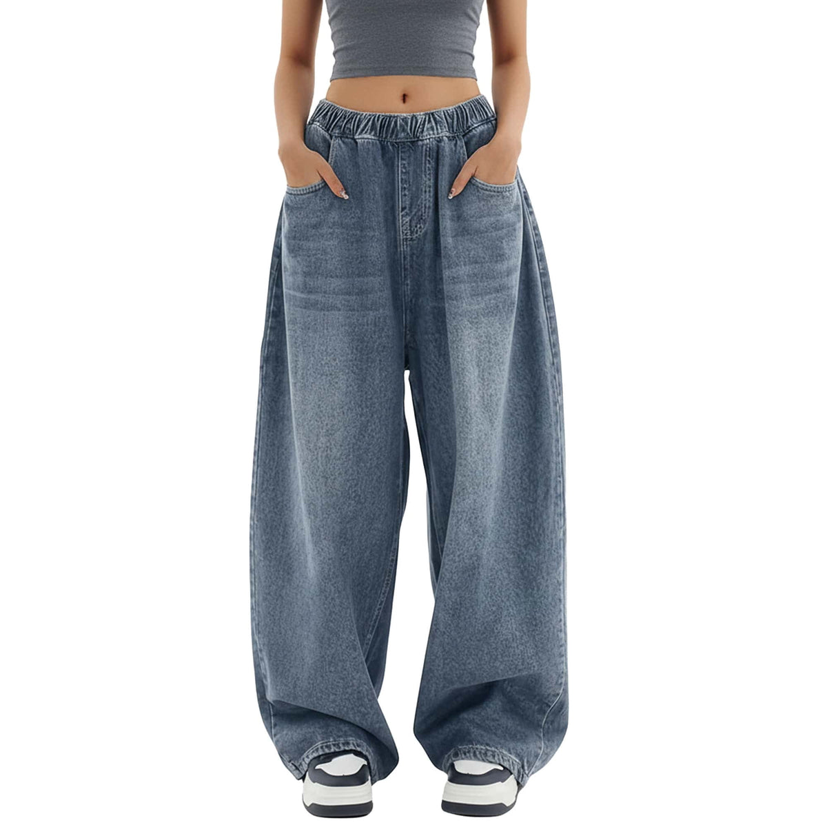 EMMIOL Women's High Rise Baggy Barrel Jeans Y2K Vintage Wide Leg Jeans with Elastic Waist Dark Wash Boyfriend Denim Pants