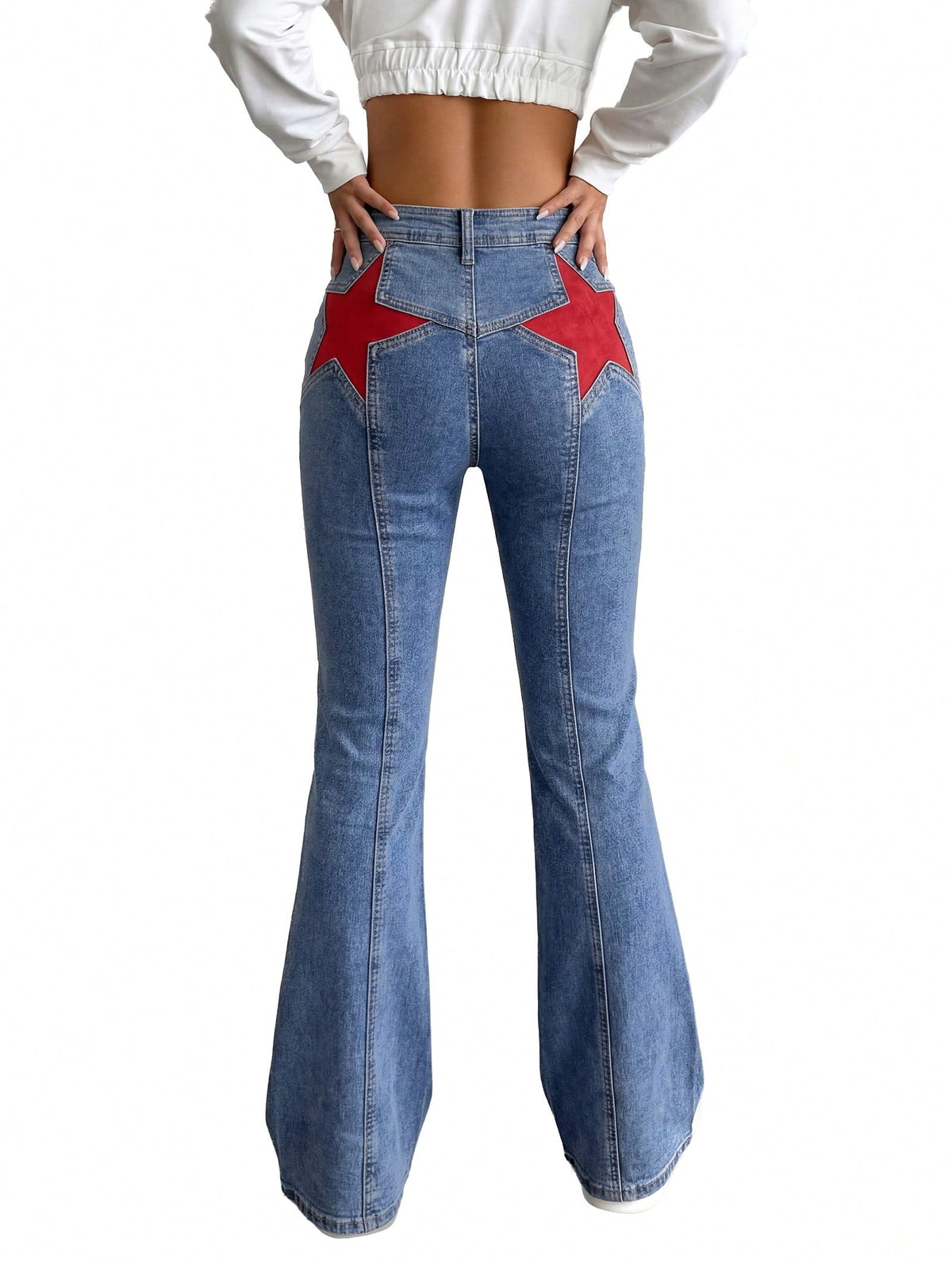 EMMIOL Women's Y2K High Waist Flare Jeans,Vintage American Red Star Print Distressed Stretch Bootcut Denim Pants,Retro 90s Bell Bottoms Suitable for Independence Day