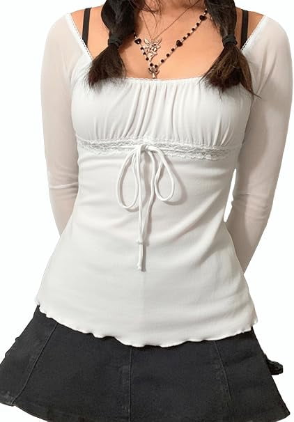 EMMIOL Women's Y2K Off-Shoulder Square Neck Long Sleeve Top with Front Tie, Trendy Slim Fit Spring/Fall Blouse