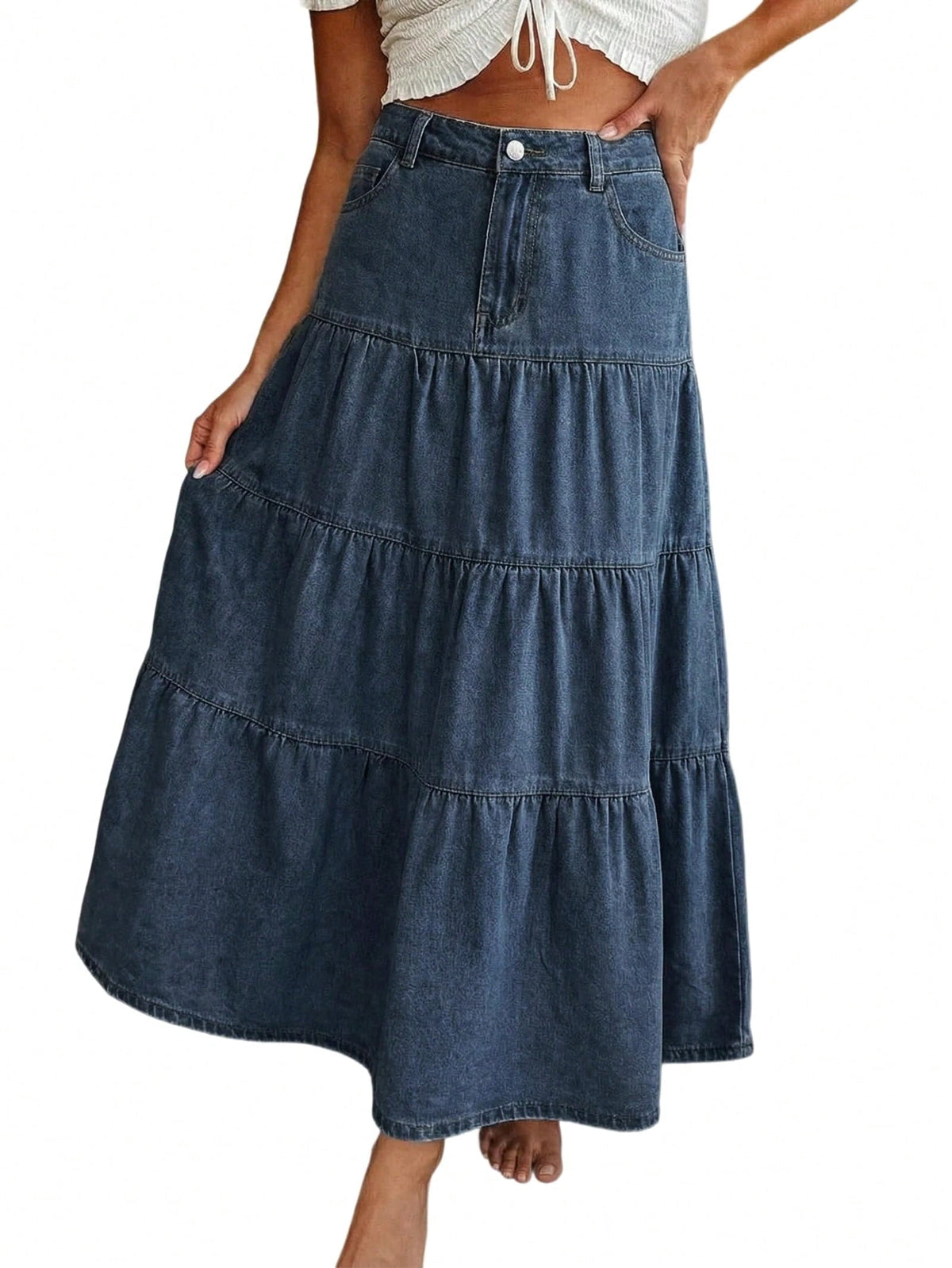 EMMIOL Women's High Waisted Tiered Denim Maxi Skirt Vintage A-Line Swing Jean Skirt with Pockets Casual Boho Style