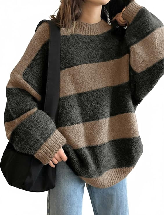 EMMIOL Women's Oversized Stripe Sweater 2026 Spring Y2K Trendy Crewneck Knit Top,Loose Fit Long Sleeve Pullover