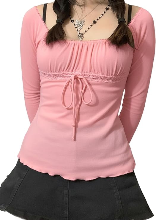 EMMIOL Women's Y2K Off-Shoulder Square Neck Long Sleeve Top with Front Tie, Trendy Slim Fit Spring/Fall Blouse