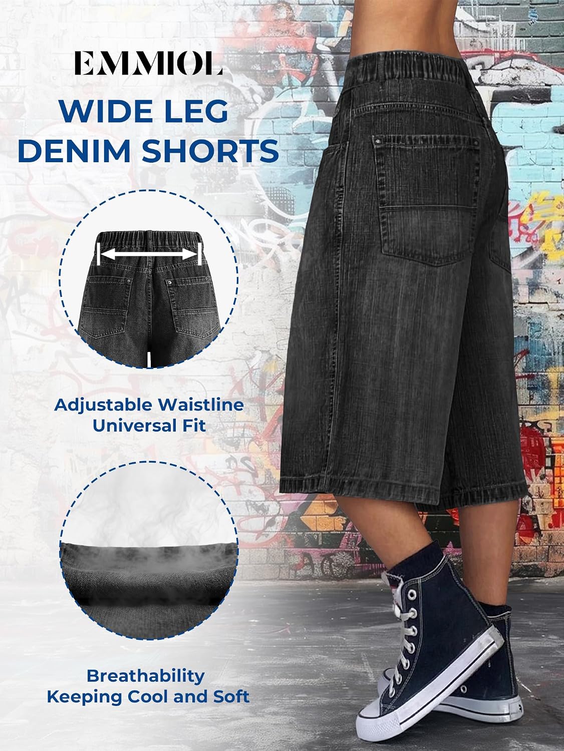 EMMIOL Baggy Jorts for Women Wide Leg Denim Shorts Y2k Elastic Waist Streetwear Boyfriend Jean Bermuda Shorts with Pockets