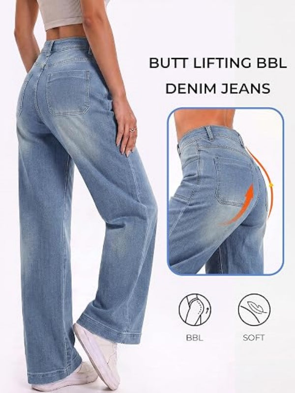 Y2K Mid High Waisted Stretchy Baggy Wide Leg Denim Pants