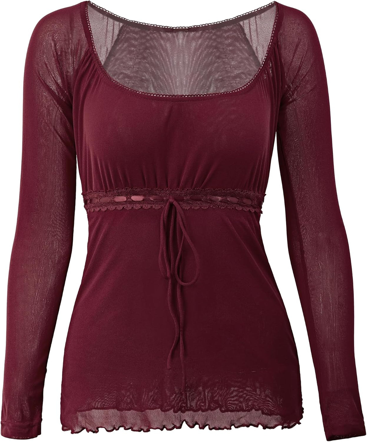 EMMIOL Y2K Mesh Top Women Babydoll Long Sleeve Stretchy Scoop Neck Shirt | Grunge Fairy Top,Breathable Soft Fabric,Casual layering,Going Out,Everyday Wear,Date Night