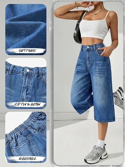 Elastic High Waisted Bermuda Jeans Shorts