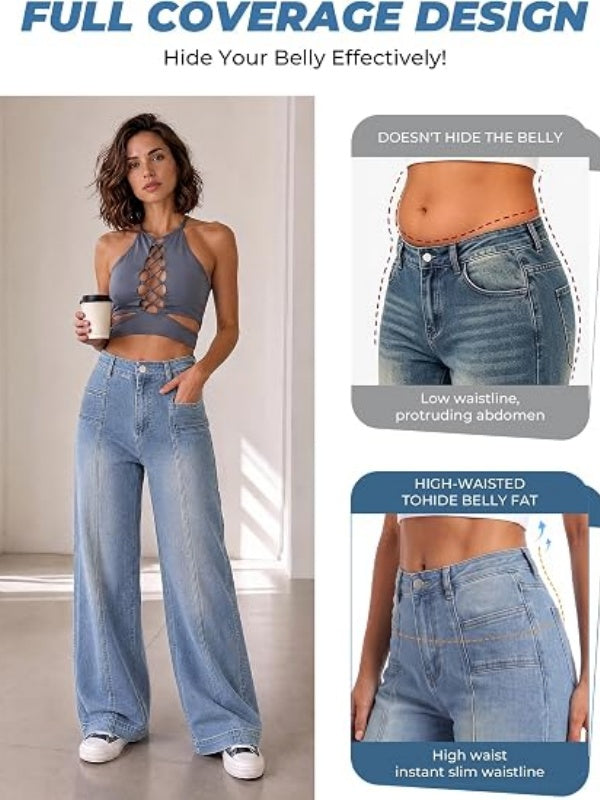 Y2K Mid High Waisted Stretchy Baggy Wide Leg Denim Pants