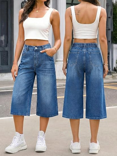 Elastic High Waisted Bermuda Jeans Shorts