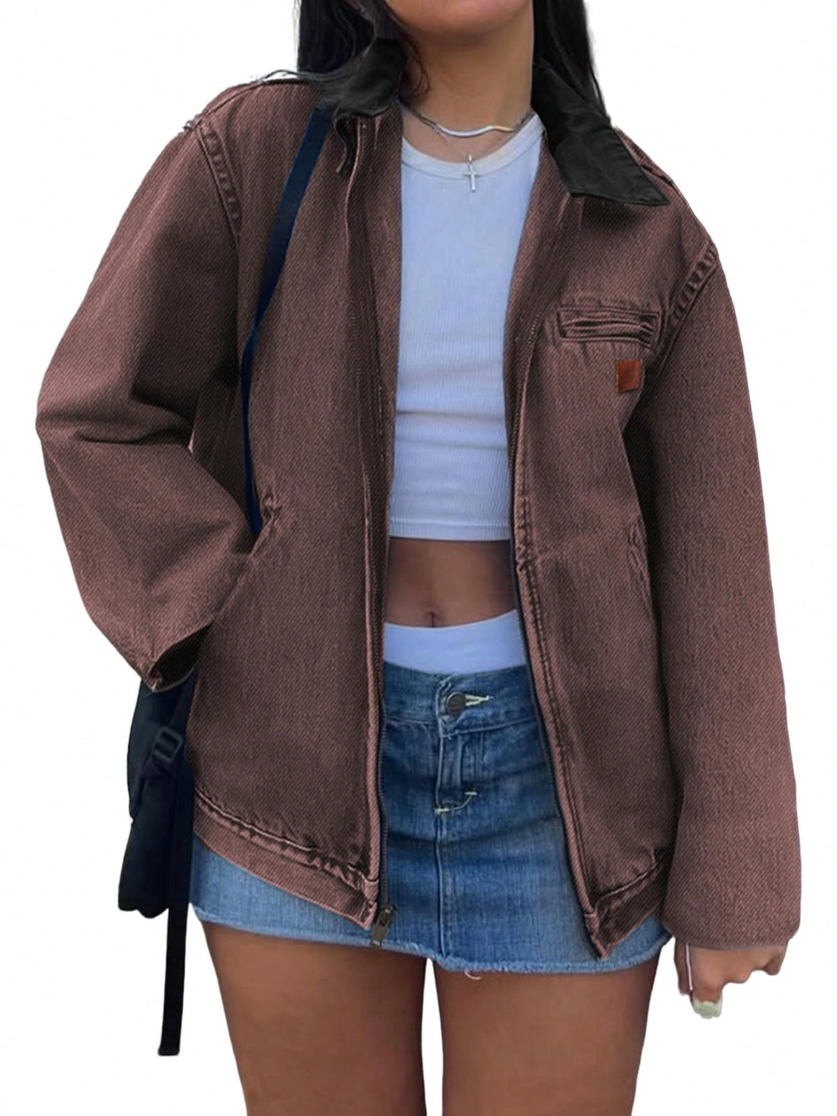 EMMIOL Women's Vintage Washed Denim Jacket Oversized Zipper Front Contrast Collar Jean Jacket with Pockets Casual Y2K Streetwear