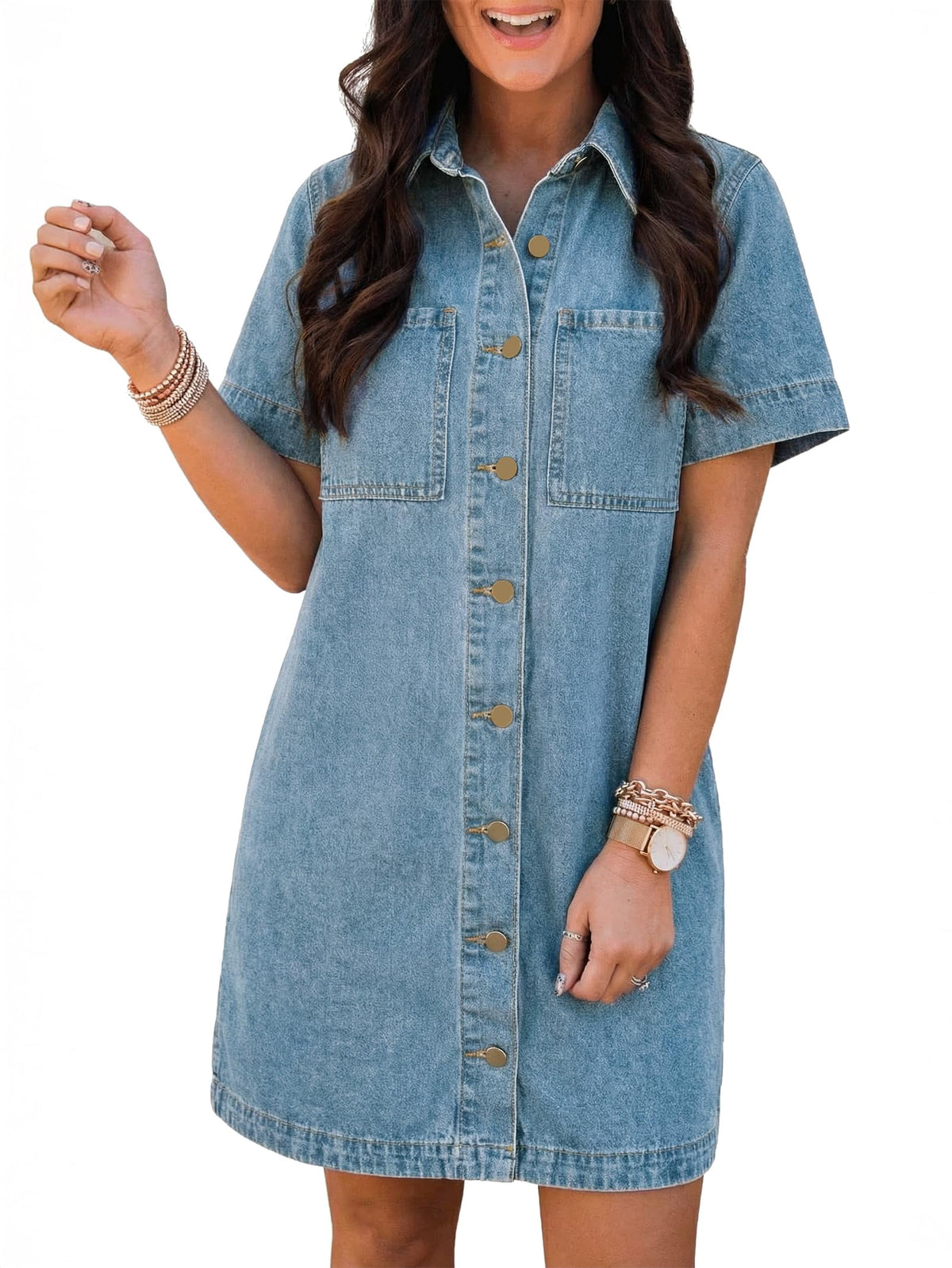 EMMIOL Women's Button Down Denim Dress Short Sleeve Babydoll Mini Jean Shirt Dress Fall Casual Trendy Outfit