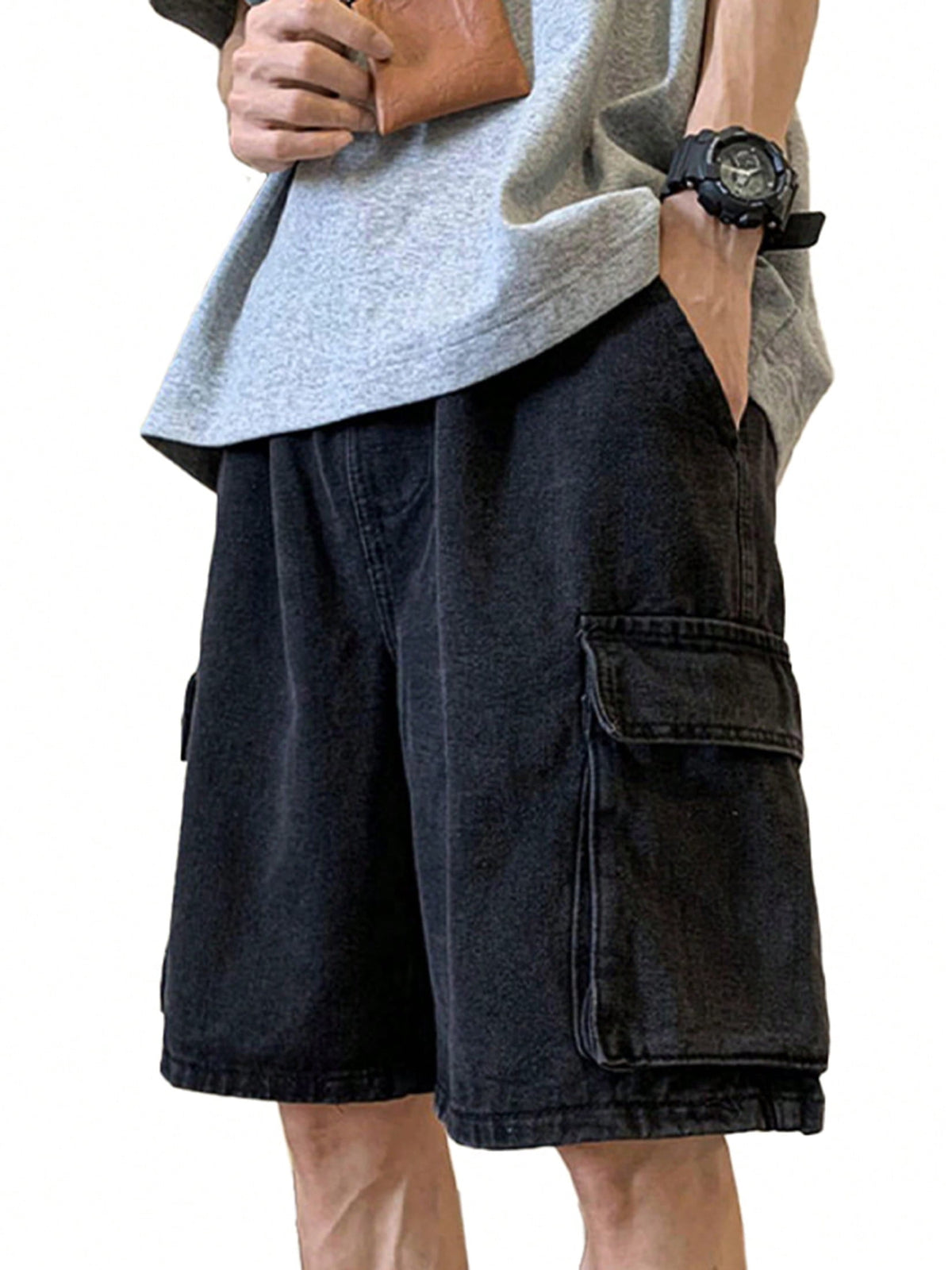 EMMIOL Men's Y2K Denim Shorts Mid Elastic Waist Baggy Jean Shorts Loose Fit Jorts Retro Hip Hop Shorts