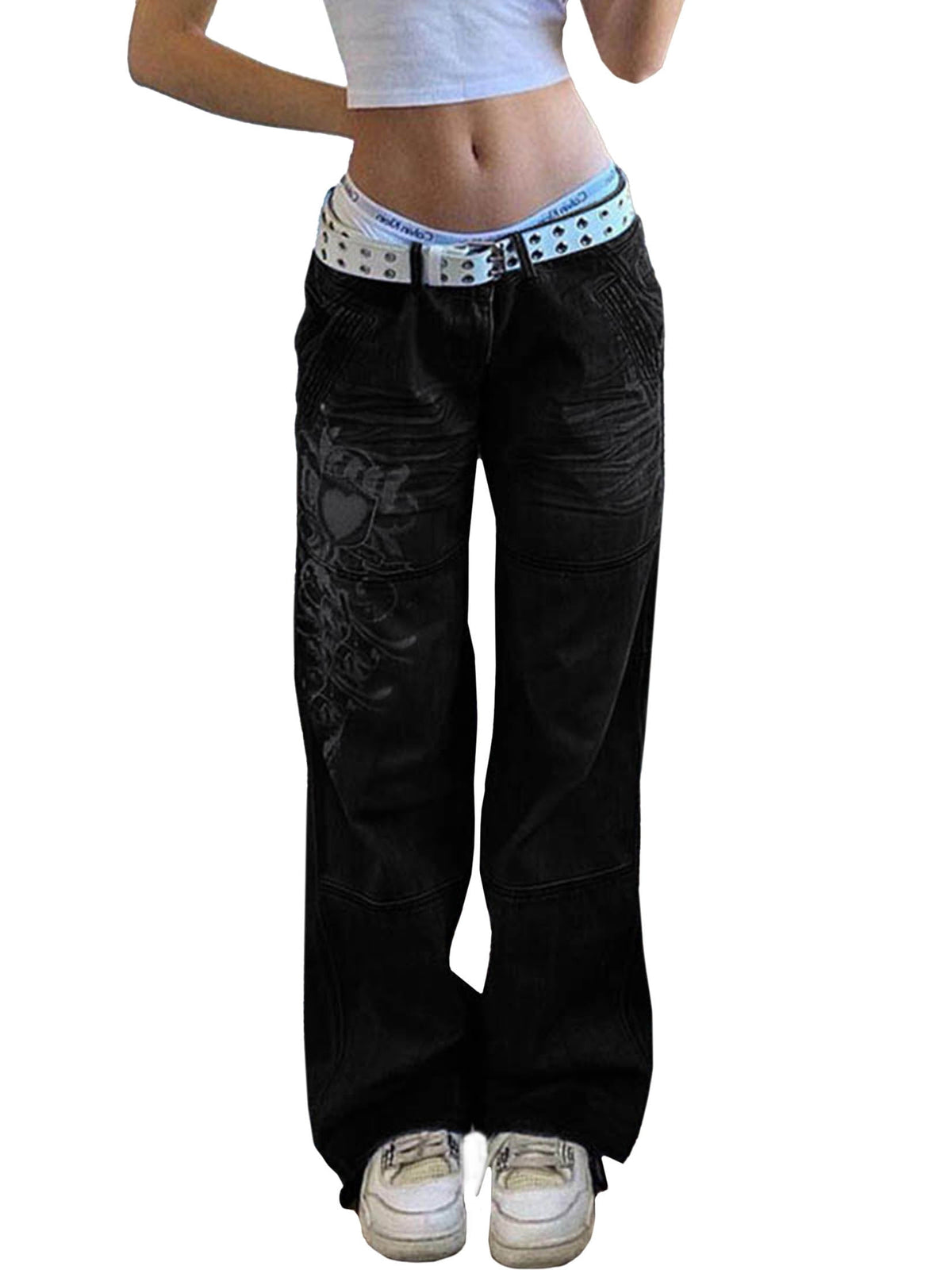EMMIOL Women's Low Rise Cargo Jeans - Y2K Wide-Leg Baggy Denim Pants with Heart Pattern
