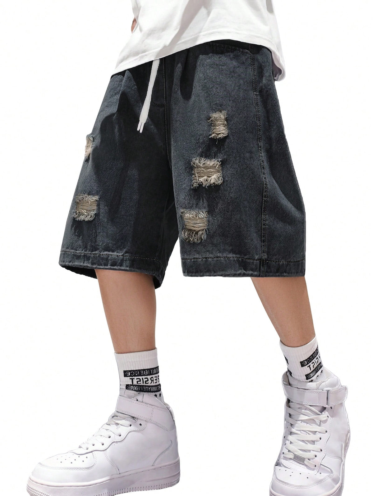 EMMIOL Men's Y2K Vintage Denim Shorts Ripped Distressed Elastic Waist Loose Fit Jean Shorts Summer Streetwear
