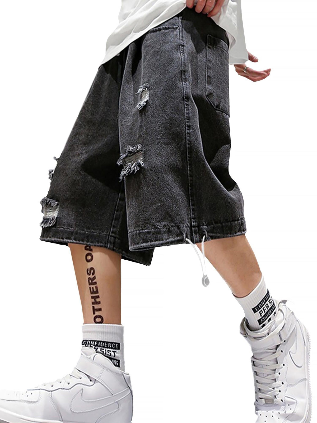 EMMIOL Men's Y2K Vintage Denim Shorts Ripped Distressed Elastic Waist Loose Fit Jean Shorts Summer Streetwear