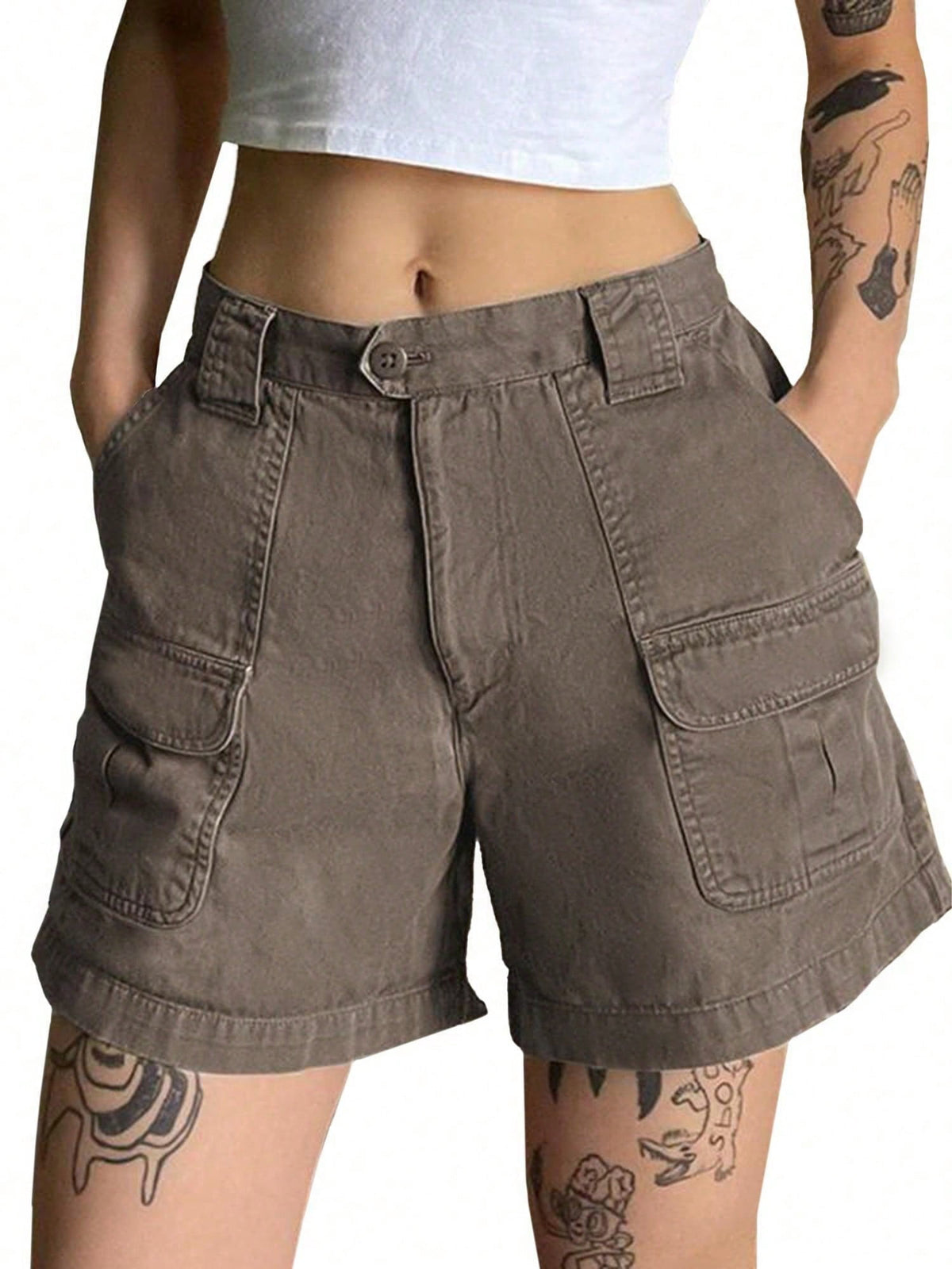 EMMIOL Women's Mid Waist Cargo Shorts Elastic Waist Casual Fall Cotton Shorts with Pockets