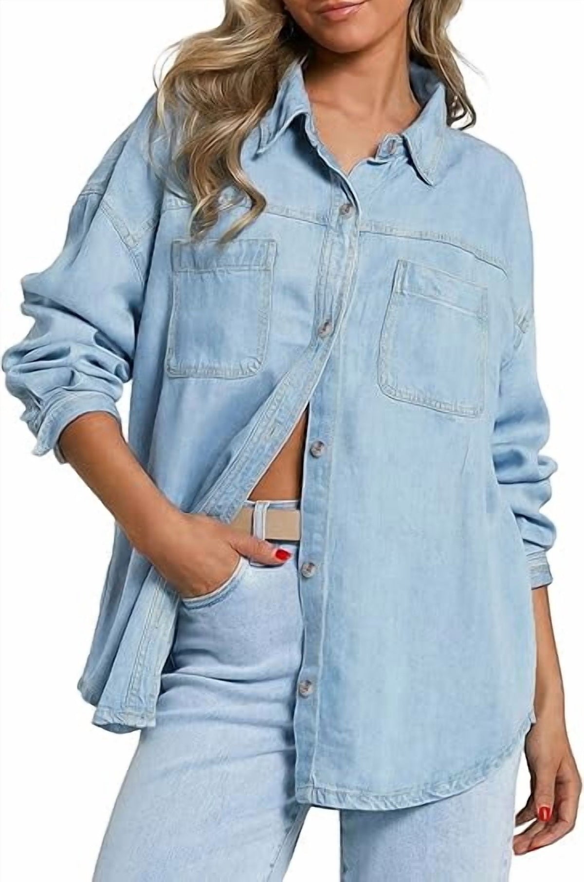 EMMIOL Women's Oversized 100% Cotton Denim Shirt Long Sleeve Button-Down Blouse with Pockets Casual Western Style
