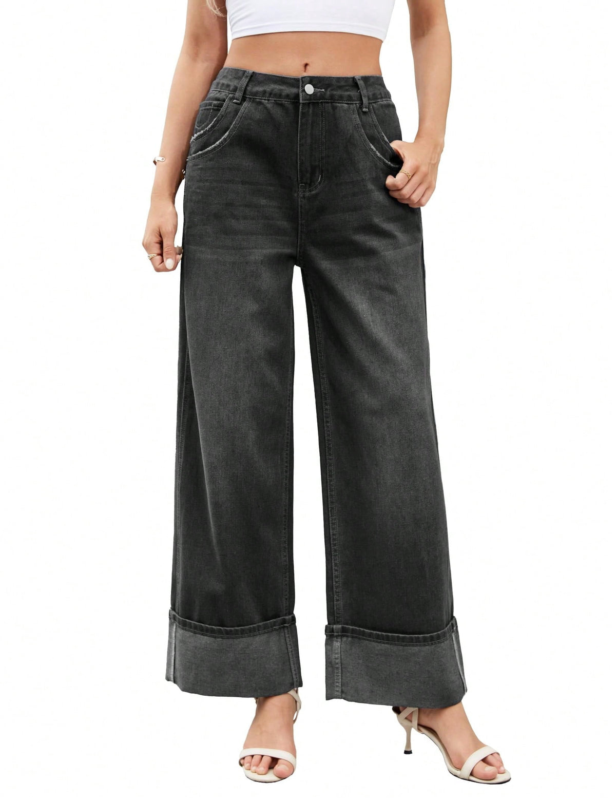 EMMIOL Women's Wide Leg Jeans Mid Waist Stretchy Loose Fit Jeans Baggy Boyfriend Denim Pants with Cuffed Hem