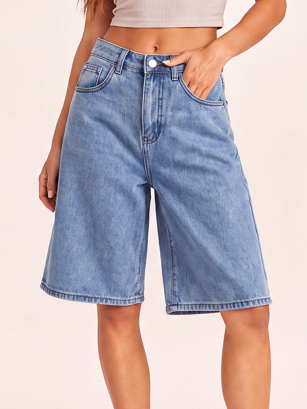 Women High Waisted Denim Bermuda Shorts