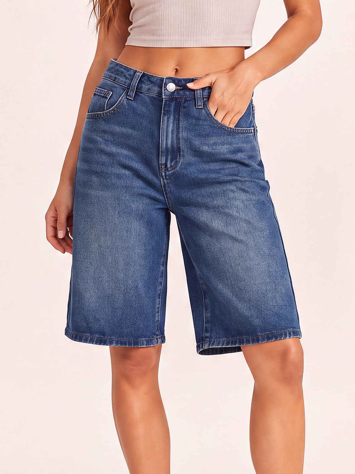 Women High Waisted Denim Bermuda Shorts
