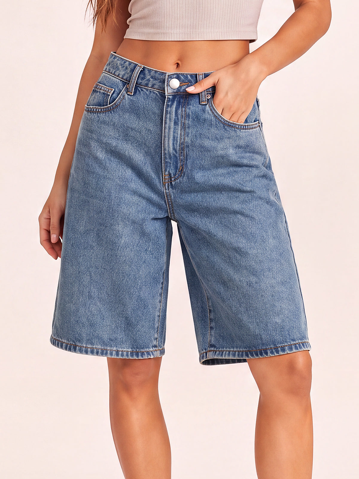 Women High Waisted Denim Bermuda Shorts