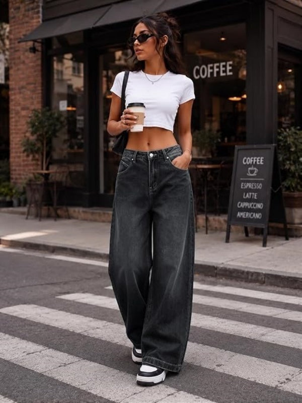 Women Mid Waist Baggy Loose Denim Pants