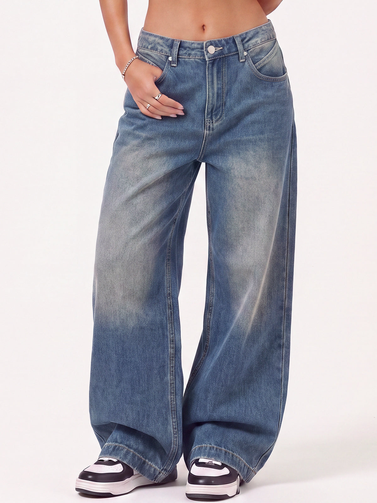 Women Mid Waist Baggy Loose Denim Pants