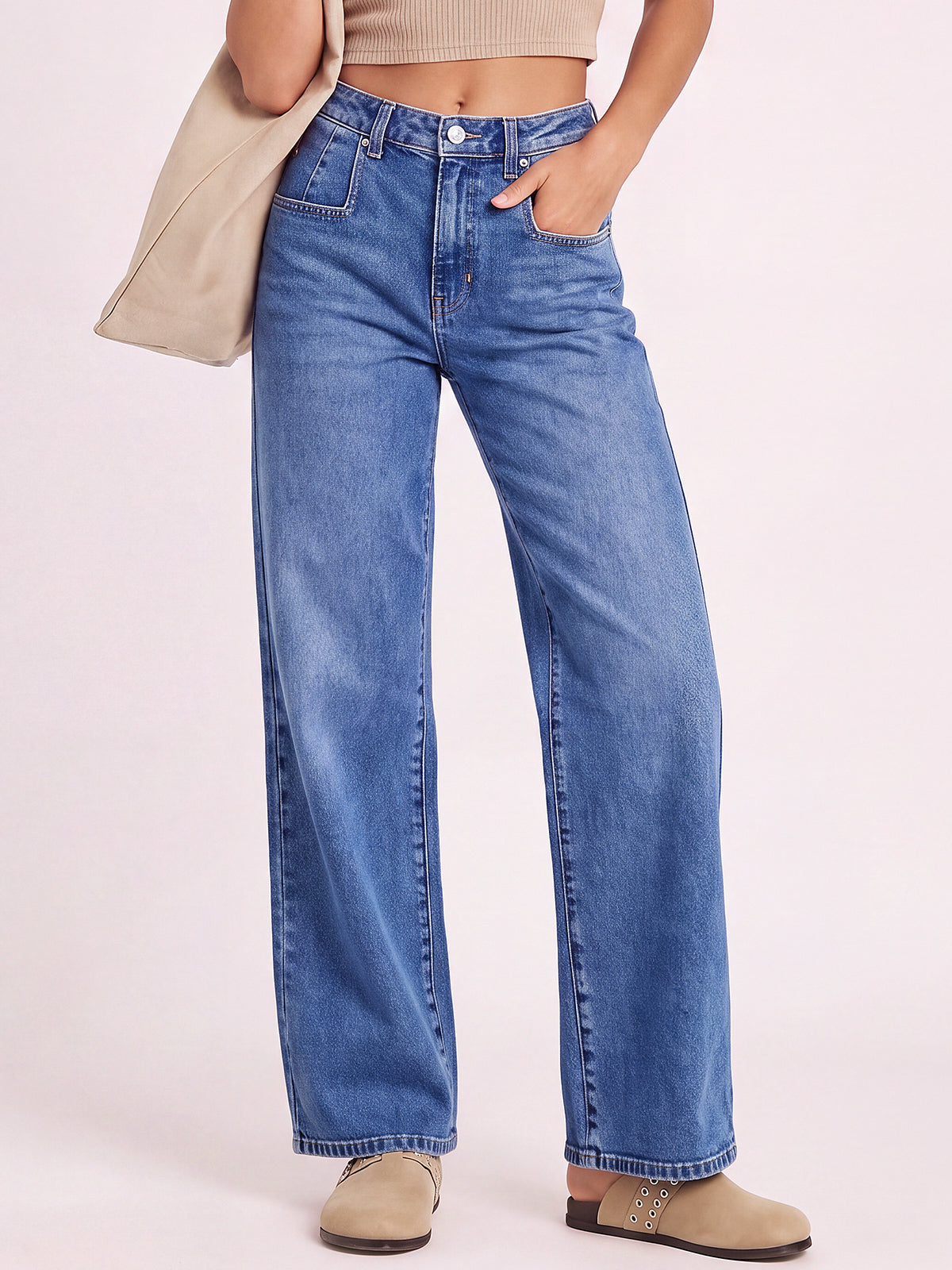 Mid High Rise Baggy Straight Leg Denim Pants