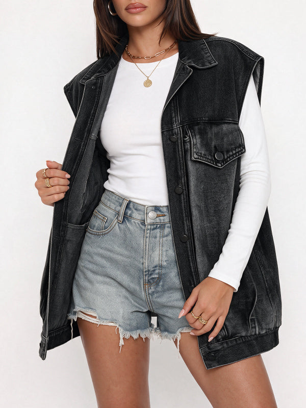 Women's Oversized Denim Vest with Pockets
