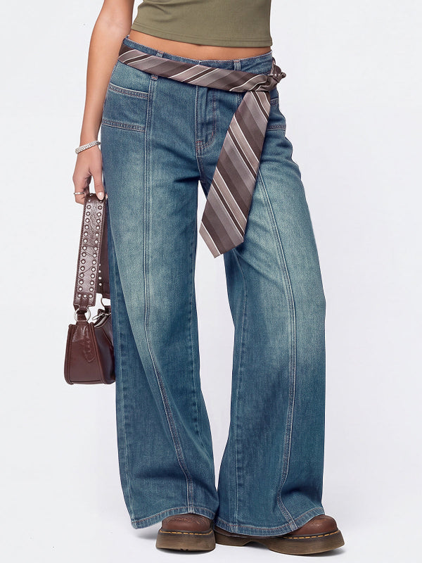 Y2K Mid High Waisted Stretchy Baggy Wide Leg Denim Pants