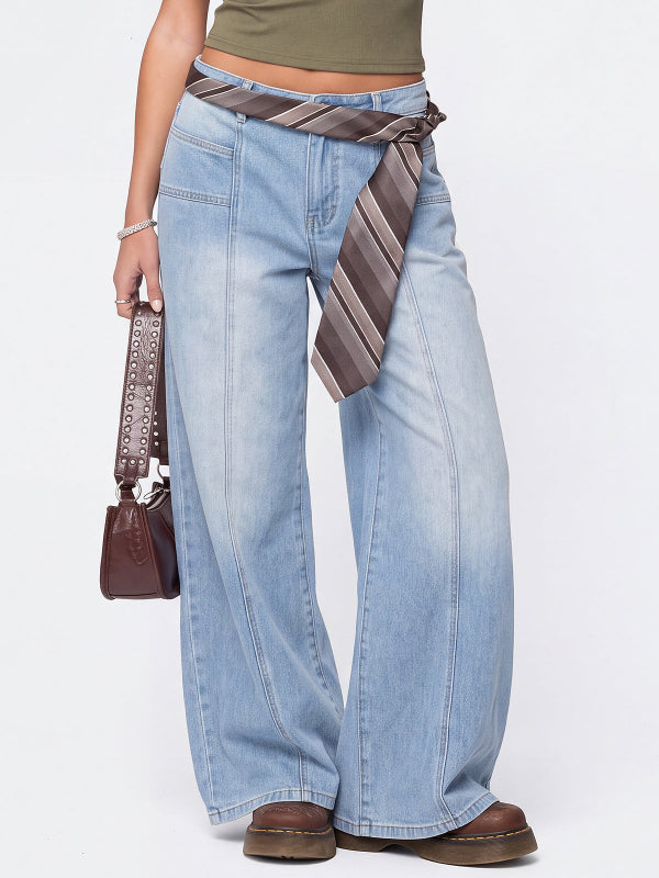 Y2K Mid High Waisted Stretchy Baggy Wide Leg Denim Pants