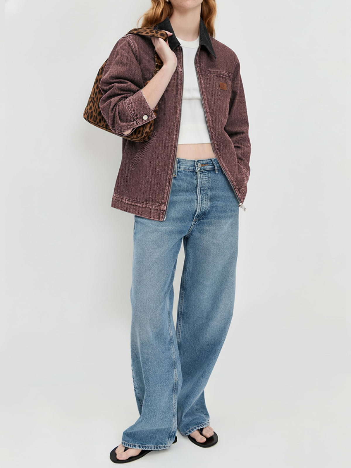 Contrast Collar Cropped Zip Up Barn Denim Jacket