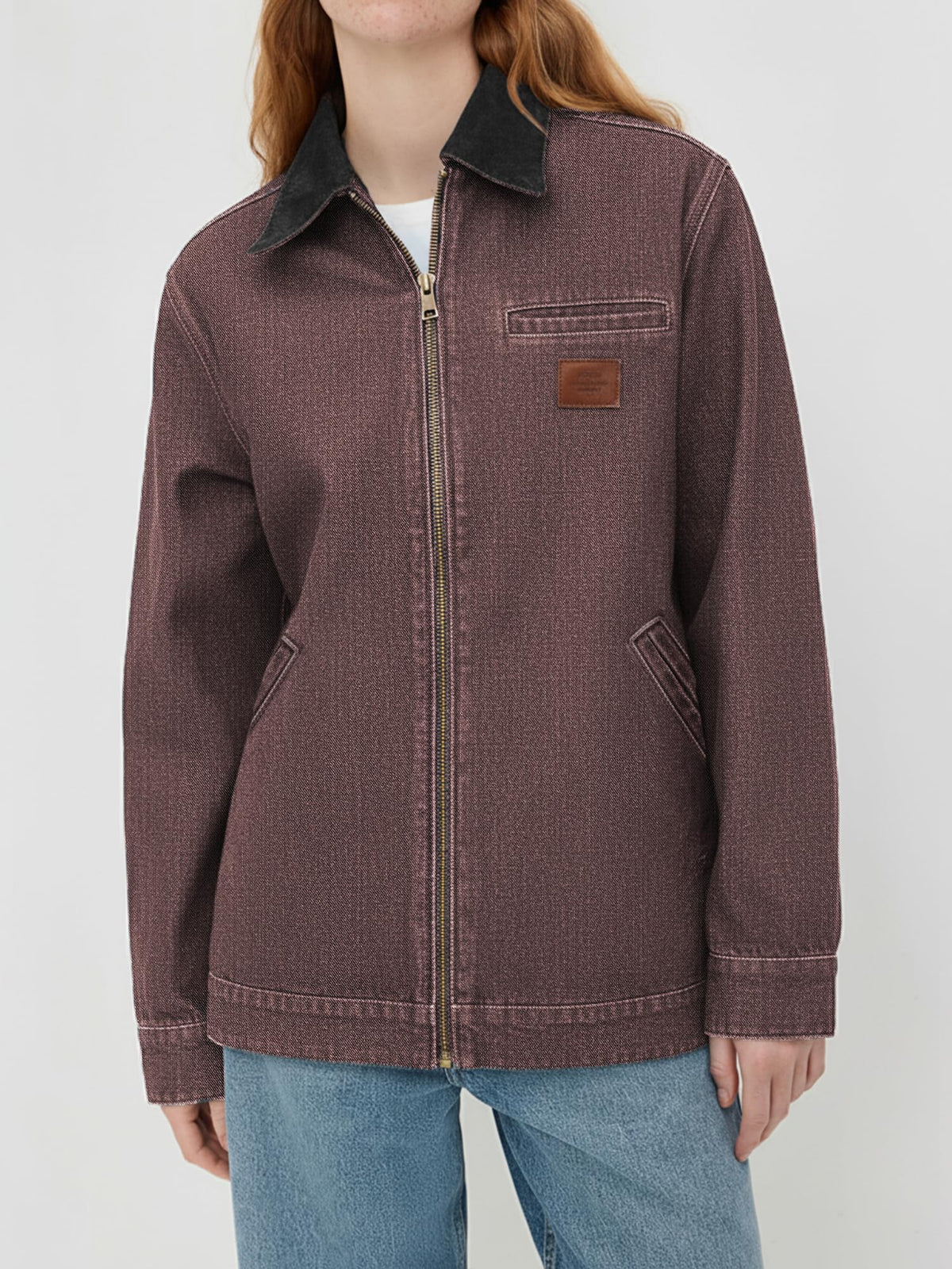 Contrast Collar Cropped Zip Up Barn Denim Jacket