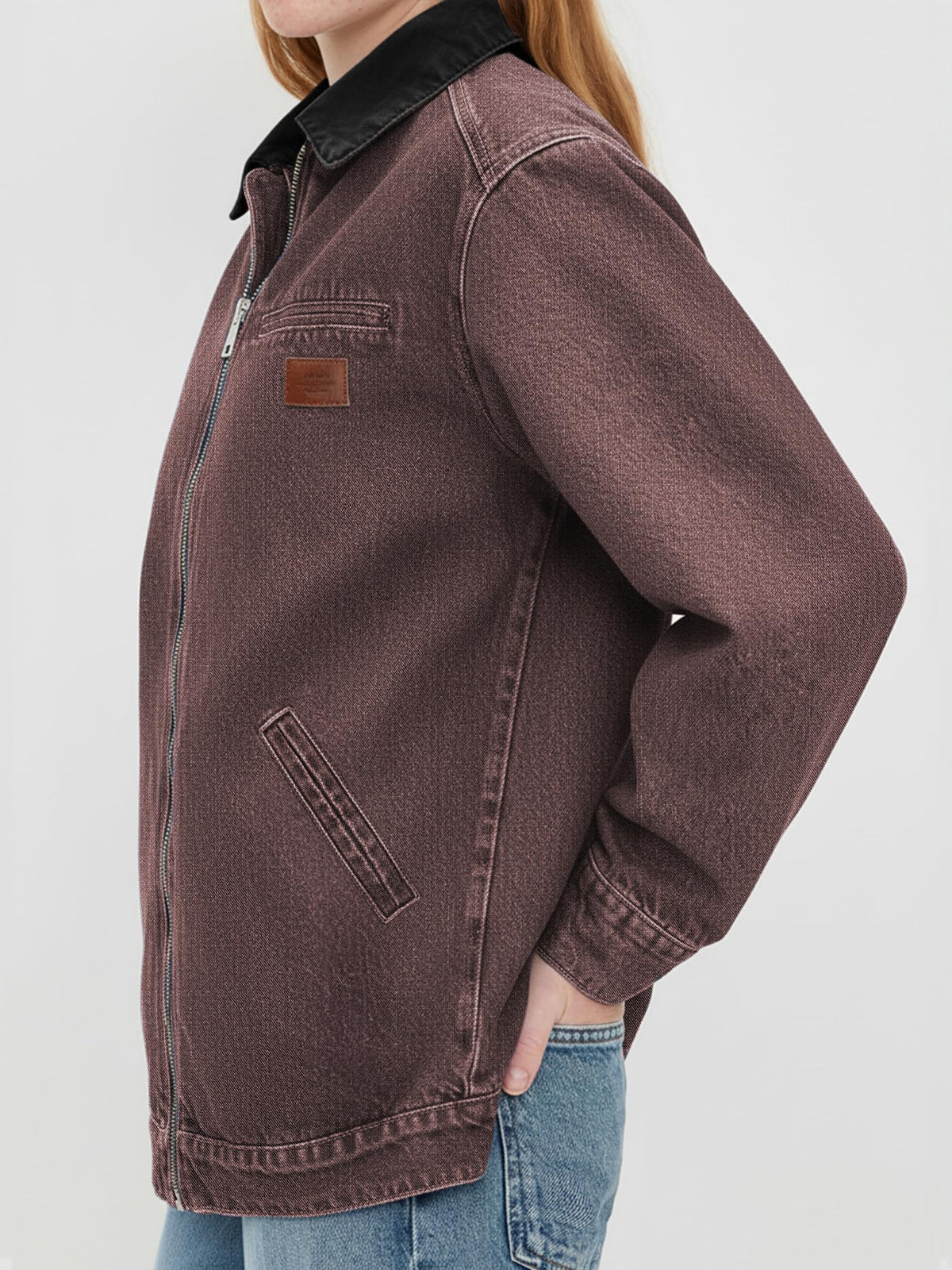 Contrast Collar Cropped Zip Up Barn Denim Jacket