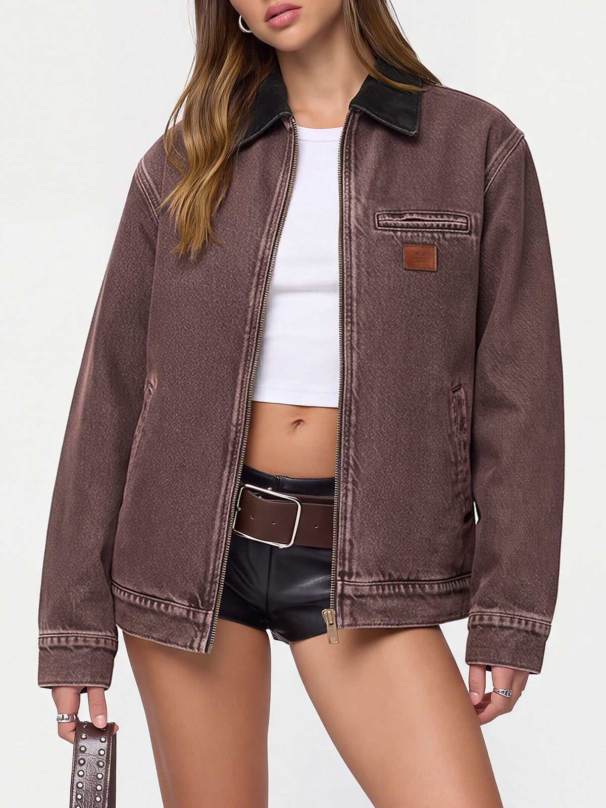 Contrast Collar Cropped Zip Up Barn Denim Jacket