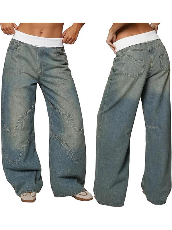 EMMIOL Women's Y2K Vintage High-Waisted Baggy Wide-Leg Jeans Contrast Wave Stitching Washed Denim Pants Streetwear