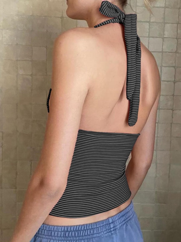 Women Y2K Deep V Backless Tie Back Halter Crop Tops