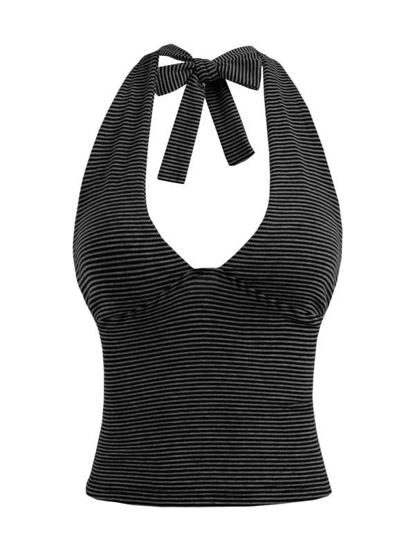 Women Y2K Deep V Backless Tie Back Halter Crop Tops