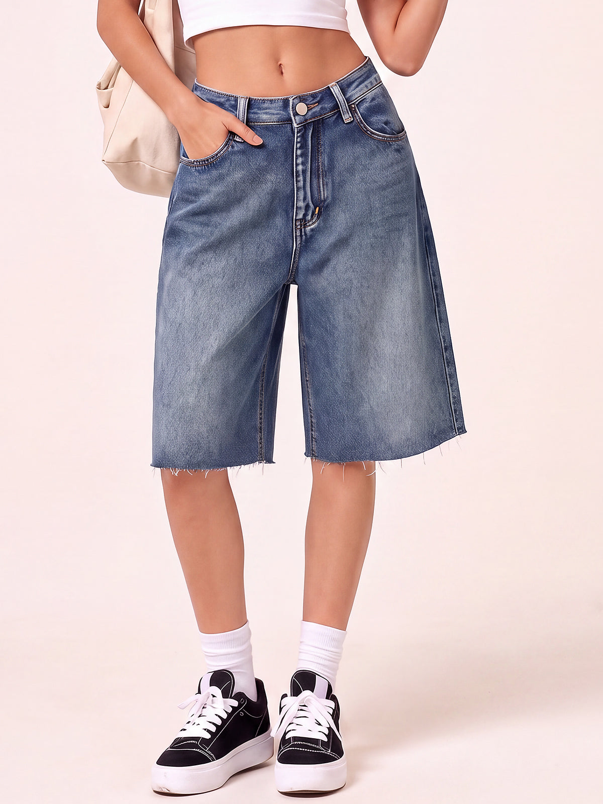 Women High Waisted Denim Bermuda Shorts with Pocket
