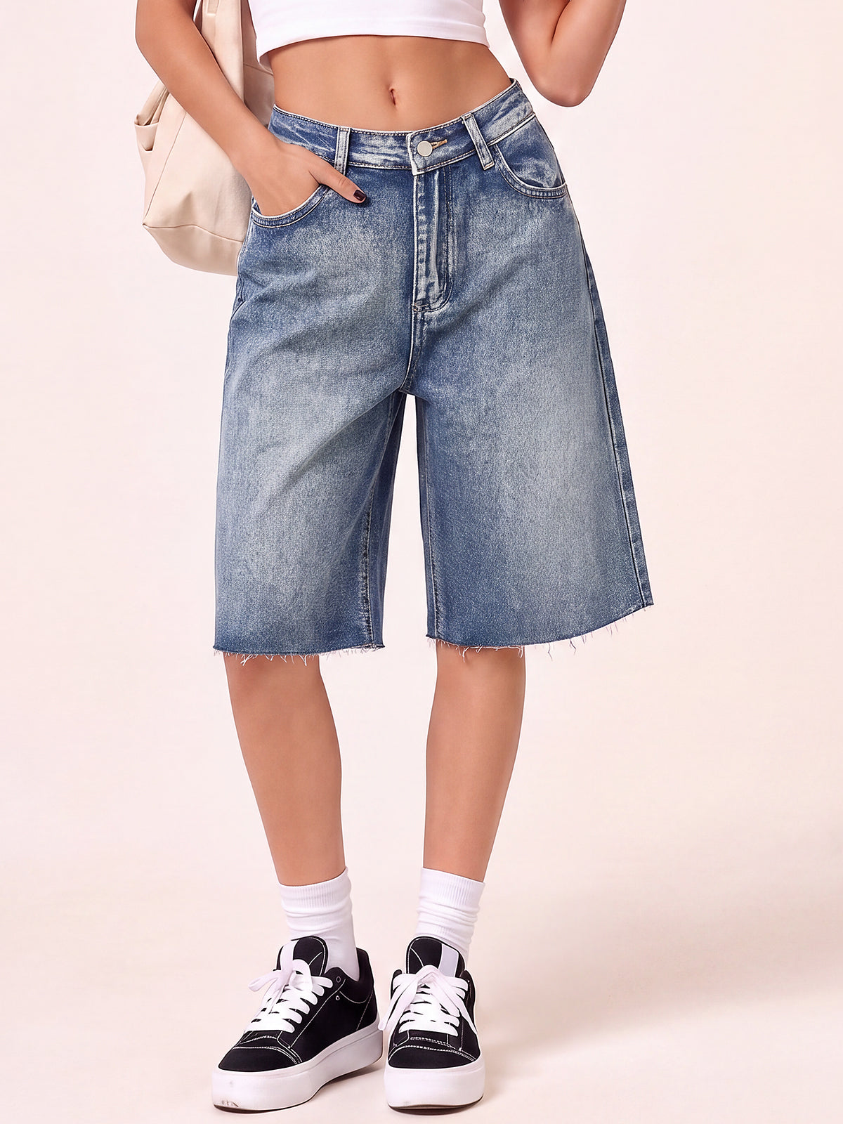 Women High Waisted Denim Bermuda Shorts with Pocket