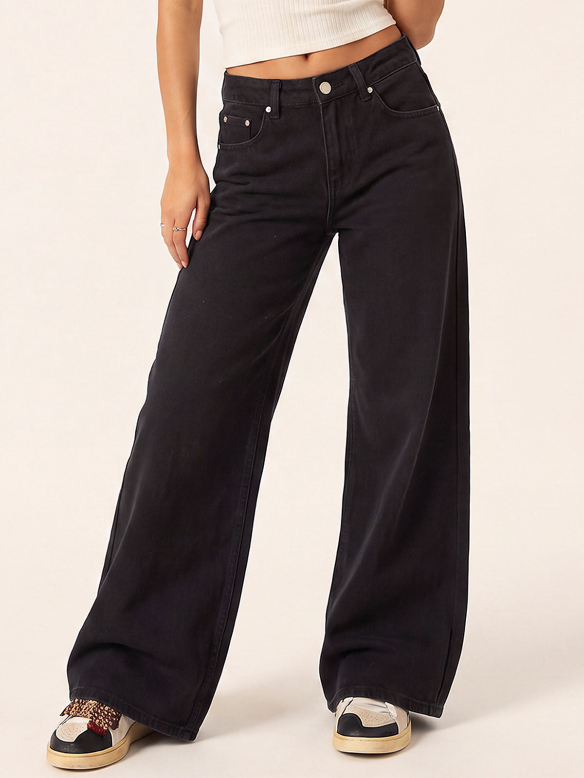Mid Rise Wide Leg Baggy Denim Pants