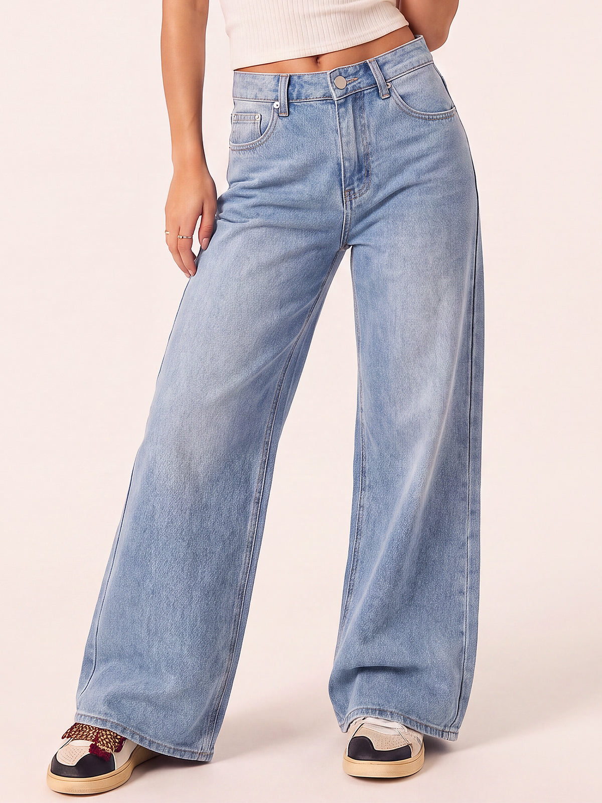 Mid Rise Wide Leg Baggy Denim Pants