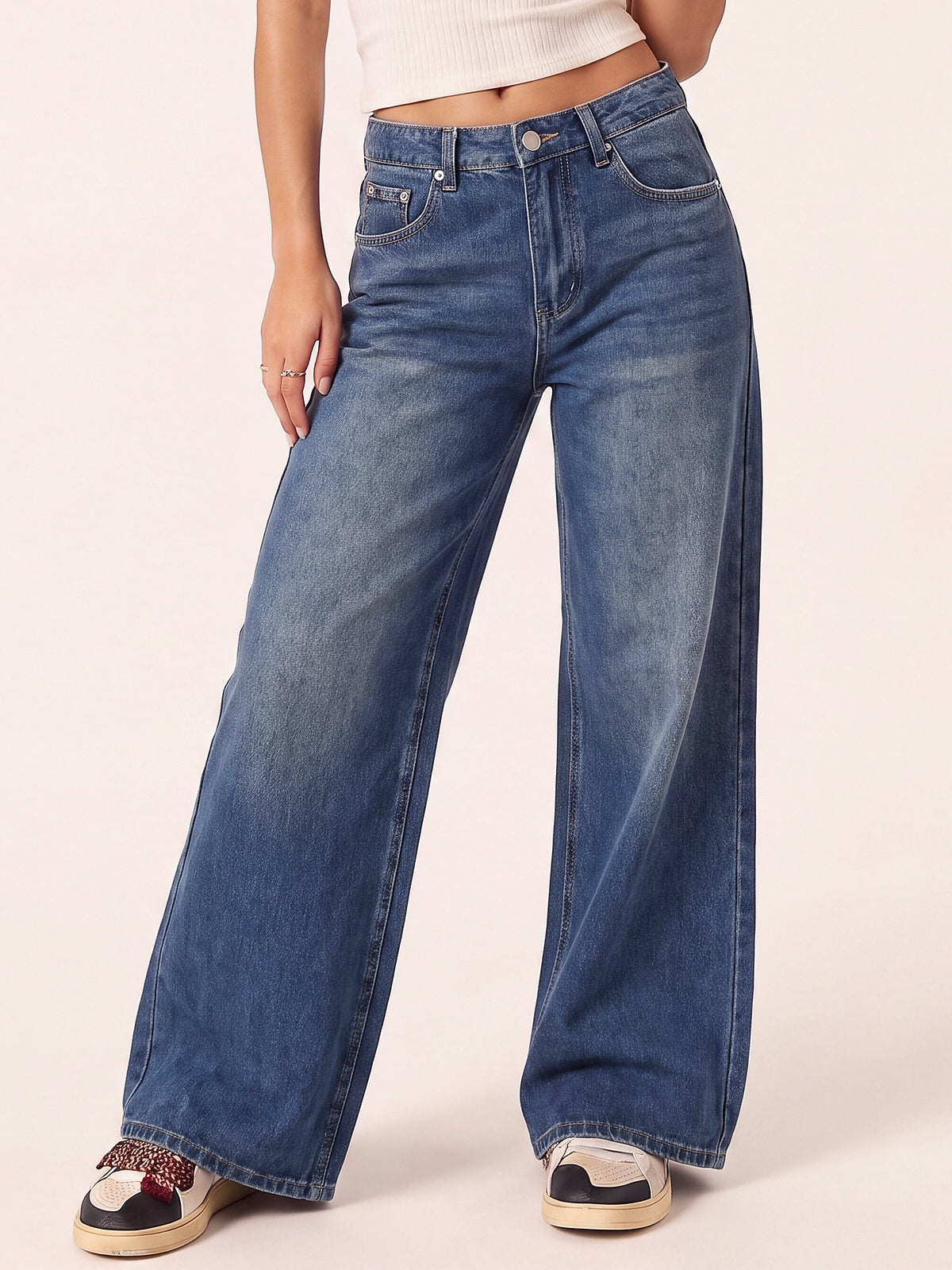 Mid Rise Wide Leg Baggy Denim Pants