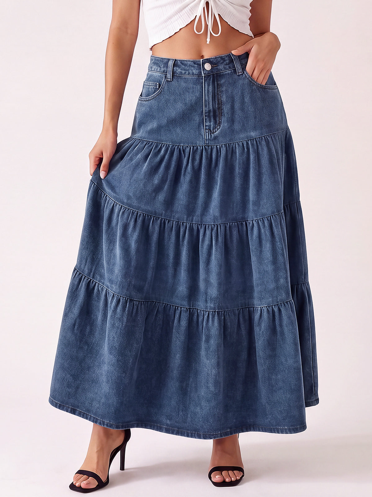 High Waisted A-Line Jean Maxi Skirts with Pockets