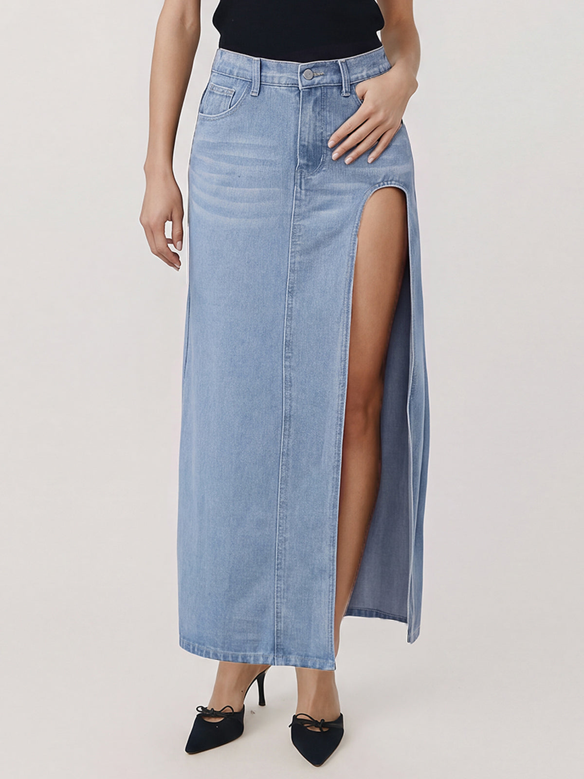High Waist Side Slit Denim Maxi Skirt