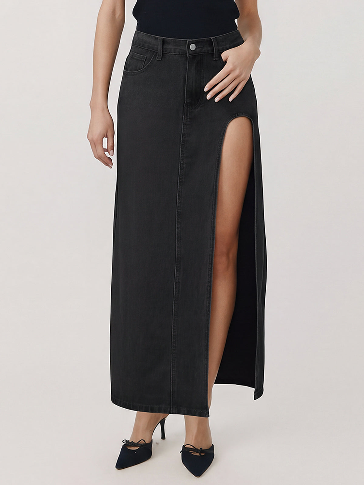 High Waist Side Slit Denim Maxi Skirt