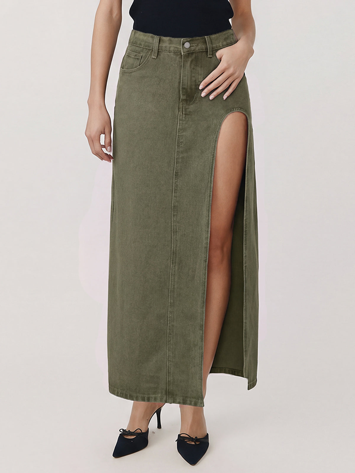 High Waist Side Slit Denim Maxi Skirt