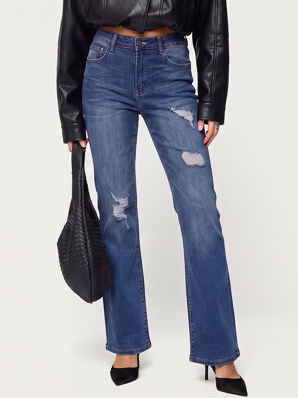 High Waisted Ripped Bootcut Flare Denim Pants
